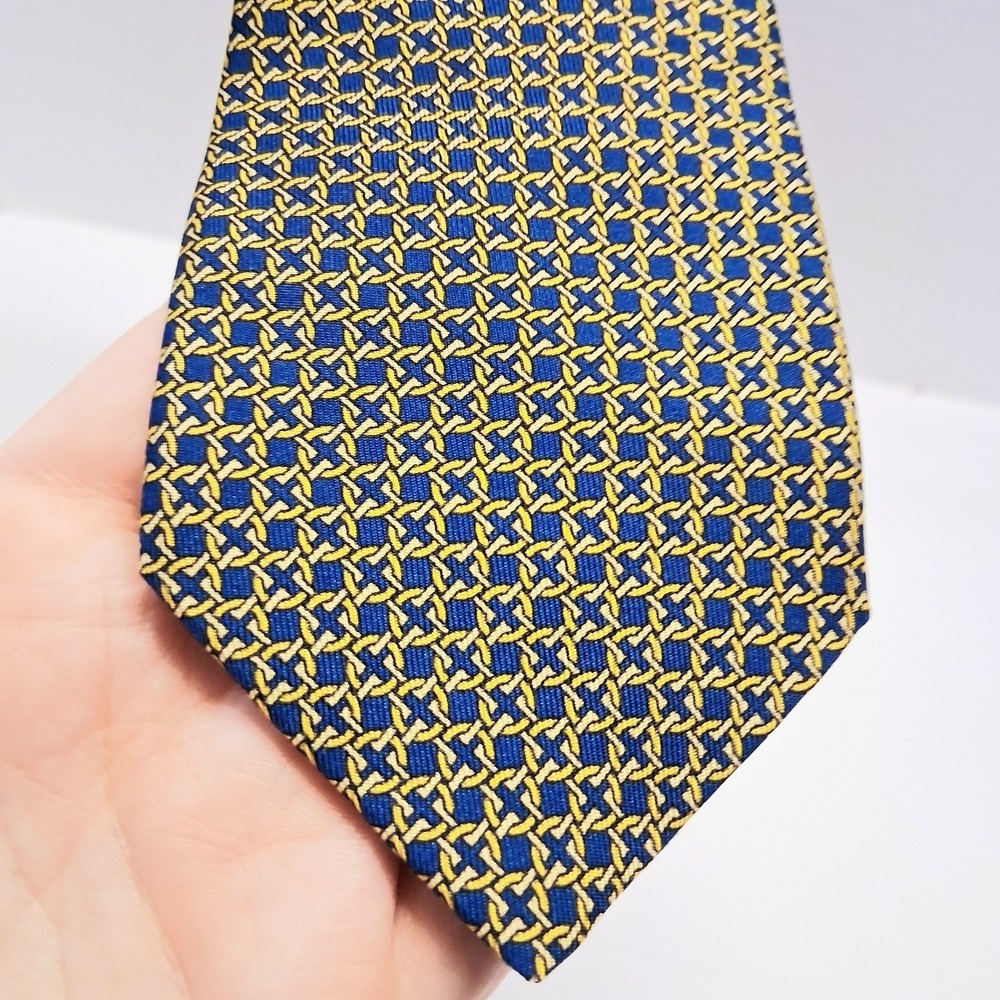 Saks Fifth Avenue Men's Silk Tie Blue Yellow Geometric 2.75 x 58 Italy Vintage
